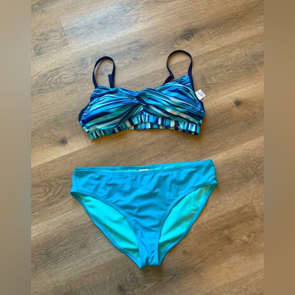 Adidas Stripe Sports Bikini Swimsuit Set Teal Built in Bra Size 1X New No Tag